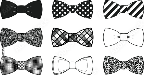 Set of nine bow ties with different patterns and styles on a transparent background.