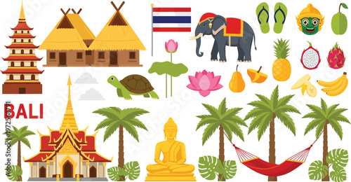 Bali and Thailand Travel Vector Collection Featuring Traditional Temples, Buddha Statue, Tropical Fruits, Elephant, Palm Trees, and Southeast Asian Cultural Symbols for Tourism Designs
