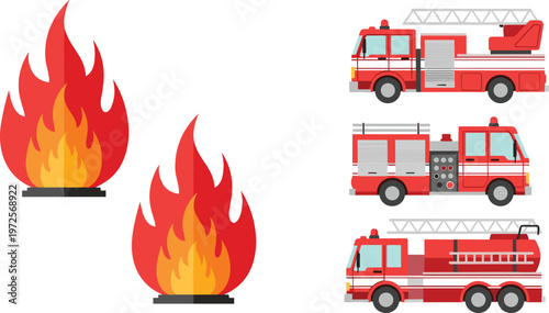 Professional Fire Engine Truck and Blazing Flame Icon Set with Emergency Response Vehicles and Hot Fire Symbols for Rescue Safety and Industrial Protection Designs