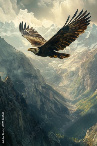 Detailed illustration of a bald eagle gliding through a dramatic mountain canyon with sunlight hitting the rocky peaks and green valleys below.