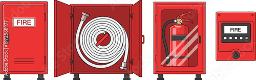 Professional Fire Safety Equipment Set with Red Cabinets Containing Fire Hose Reel Extinguisher and Digital Alarm System for Emergency Protection and Industrial Prevention Designs