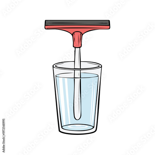 Red squeegee with black rubber blade submerged in clear water in a glass