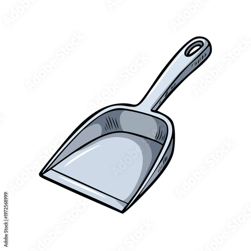 Simple cartoon illustration of a dustpan with a handle, isolated on white background.