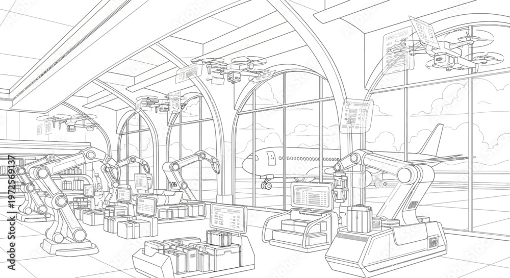 Fototapeta premium A detailed illustration of a spacious gym interior with various exercise equipment and large windows allowing natural light to pour in, showcasing fitness machines and workout spaces.