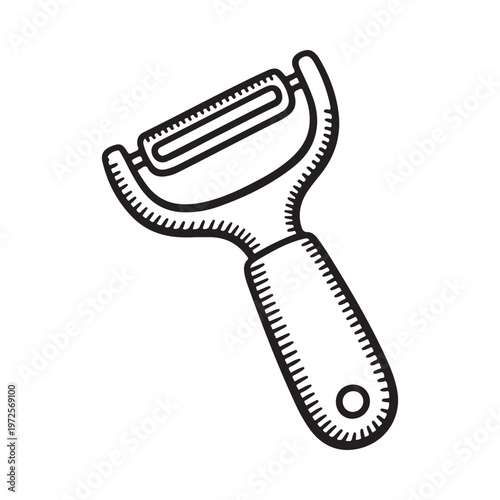 Simple black and white illustration of a kitchen vegetable peeler with a curved blade