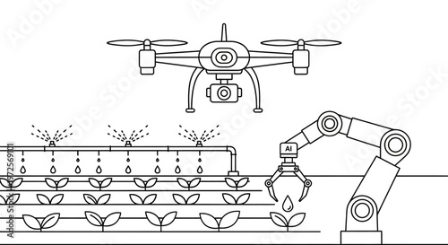 A robotic arm and drone precision spray water on plants in a large indoor growing facility with rows of seedlings.