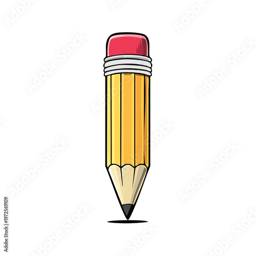 Sharp yellow pencil with red eraser and black graphite point standing upright illustration