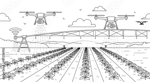 Drones fly over vast agricultural fields with crops growing in rows under a bridge with another drone flying nearby and network signals being transmitted.
