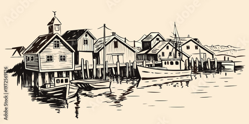 A detailed sketch depicts a quaint coastal village with boats and buildings