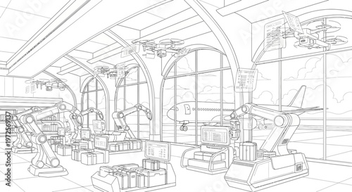 A detailed illustration of a spacious gym interior with various exercise equipment and large windows allowing natural light to pour in, showcasing fitness machines and workout spaces.