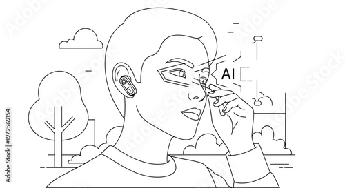 A futuristic person interacts with AI technology in a cityscape environment with trees and buildings whizzing by quickly outside.