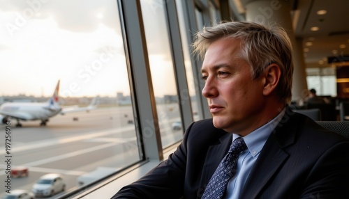 Thoughtful business man gazing out airport window overlooking airplanes and runway scene at sunset