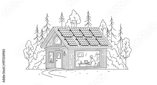 A cozy cabin with solar panels on the roof is nestled among trees in a serene forest landscape with wildlife inside.