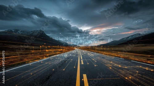 Digital network lines overlaying a highway at dusk