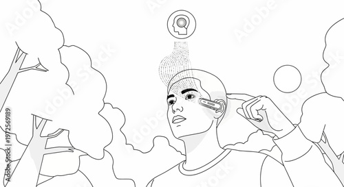 A young man wearing headphones listens to music while standing amidst trees and clouds on a sunny day outdoors freely