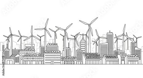 A futuristic cityscape with wind turbines standing tall amidst sleek skyscrapers and modern industrial buildings under a clear sky with visible infrastructure