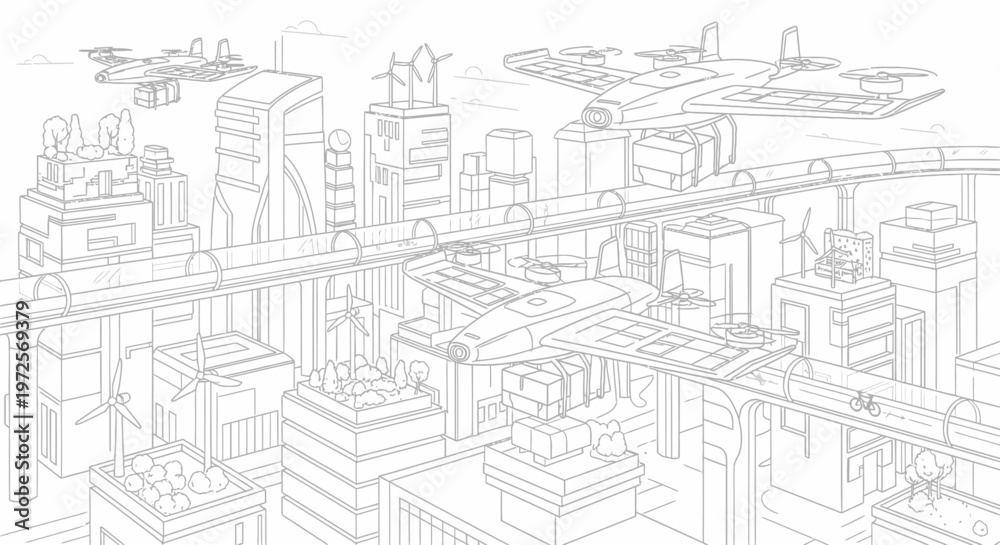 Obraz premium A futuristic cityscape unfolds with sleek skyscrapers and flying vehicles soaring overhead in a technological landscape