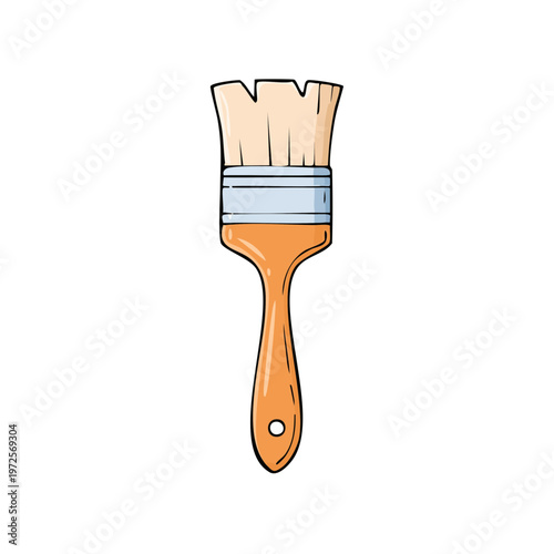 Illustration of a paintbrush with orange handle and light brown bristles for painting and decorating