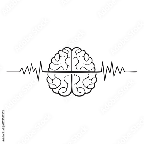Stylized human brain integrated with a heartbeat EKG waveform symbol