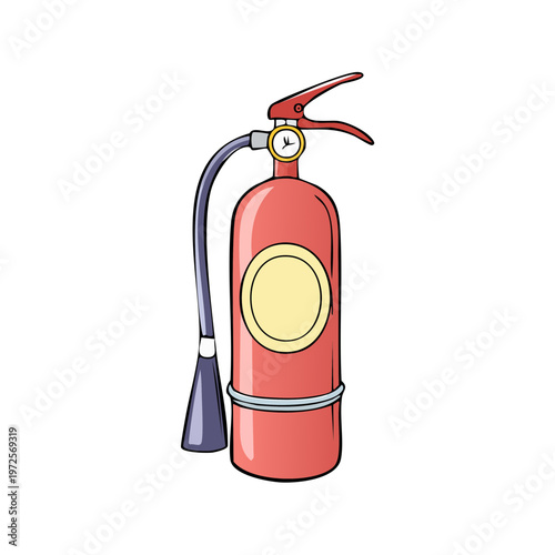 Red fire extinguisher with hose and gauge on white background