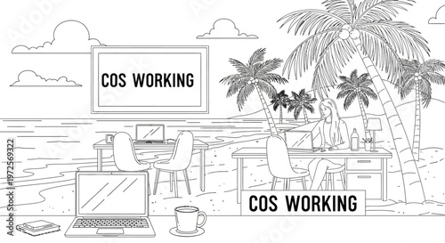 A serene beach scene with a laptop and a cup on the sand, surrounded by palm trees, with a sign reading COS WORKING in the background and illustrations on a screen.