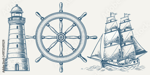 Vintage nautical illustration featuring a lighthouse ship s wheel and sailing ship