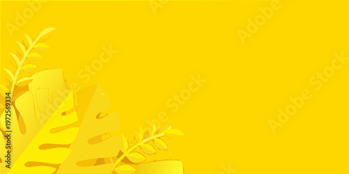 Tropical leaves and stems against a vibrant solid yellow background