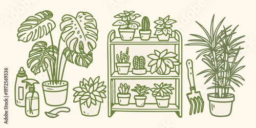 A collection of potted houseplants and gardening tools in a sketch style