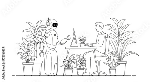 A man in a virtual reality headset interacts with another man sitting at a desk surrounded by various plants in a modern indoor setting with illustrations.