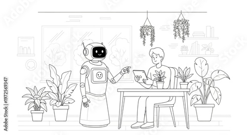 A robotic figure serves coffee to a seated person in a cozy indoor setting with various plants and decorations hanging from the ceiling.