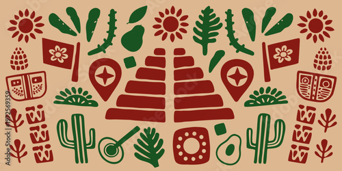 Stylized illustration of a mayan pyramid with surrounding botanical elements