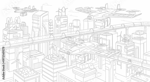 A futuristic cityscape unfolds with sleek skyscrapers and flying vehicles soaring overhead in a technological landscape