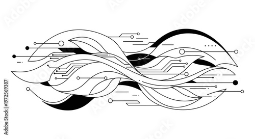 An intricate digital illustration depicting swirling lines and shapes in a futuristic circuit board design with technology and science elements on a white background.