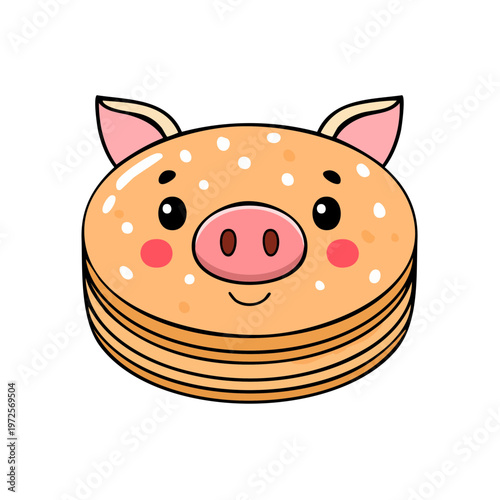 Cute cartoon pig face made of stacked pancakes with pink cheeks and sprinkles