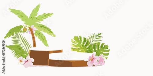 Tropical display platform with palm leaves and pink orchid flowers