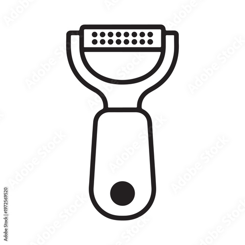 Simple black and white line drawing of a kitchen vegetable peeler tool