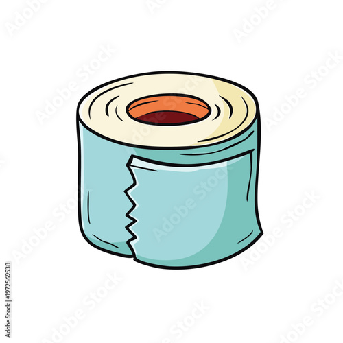 Hand drawn roll of light blue toilet paper with a torn sheet detached for use