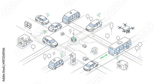 A futuristic cityscape unfolds with various vehicles and drones navigating through a network of roads and highways under a clear sky with map icons.