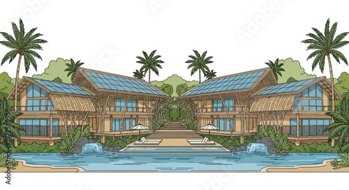 Luxury tropical resort with solar panels on roof surrounded by palm trees and pool water feature