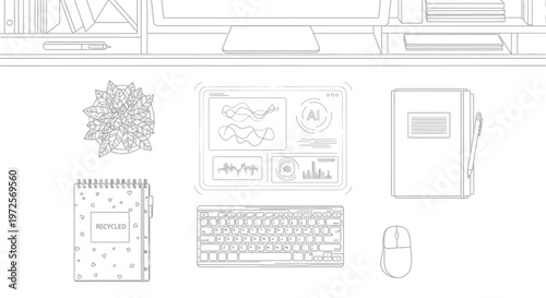 A cluttered desk with a laptop, notebook, and mouse on a messy office desk in a home workspace environment with a computer monitor and books.