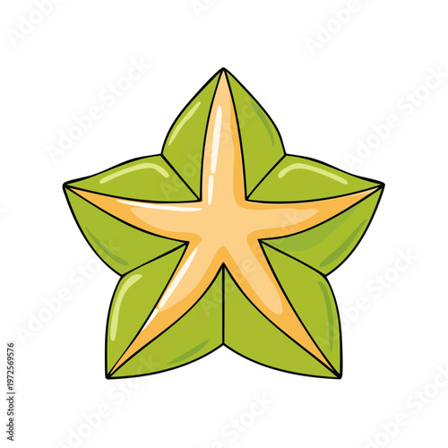 Cartoon star fruit illustration with vibrant green skin and yellow flesh