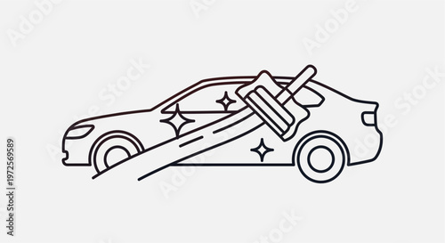 Illustration of a car being washed and polished with a squeegee and sparkling effects.