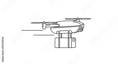 A drone flies with a suitcase attached underneath in a scenic landscape outdoors.