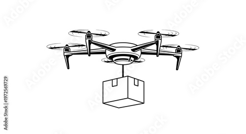 A drone is flying and delivering a package outdoors in a city free space with clear blue skies and no obstacles around.