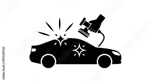 Illustration of a hand polishing a car's surface with a polishing machine, creating a sparkling effect.
