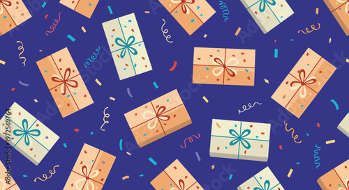 Seamless pattern of various gift boxes with bows and colorful confetti on a dark blue background creates a festive and celebratory mood for holidays.
