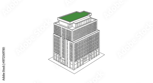 A detailed architectural illustration of a modern skyscraper building with green rooftop generated digitally