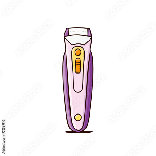 Handheld electric shaver for personal grooming and hair removal in purple and white with yellow accents