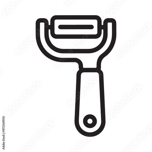 Simple black and white line drawing of a kitchen vegetable peeler tool