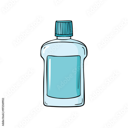 Hand drawn illustration of a blue bottle of mouthwash with a ribbed cap